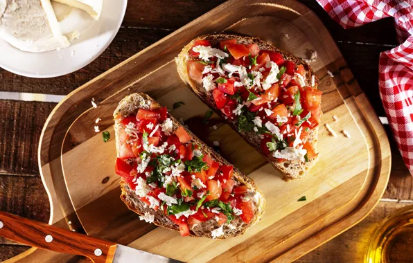 Board, vegetables, tomatoes, sandwiches