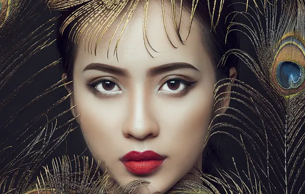 Picture look, girl, face, feathers, makeup, lipstick, Asian, peacock feathers