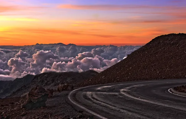 Road, the sky, landscape, mountains