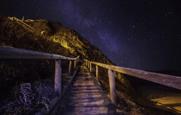 Picture stars, night, mountain, ladder, railings, the milky way