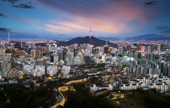 The sky, clouds, mountains, the city, lights, building, tower, dal