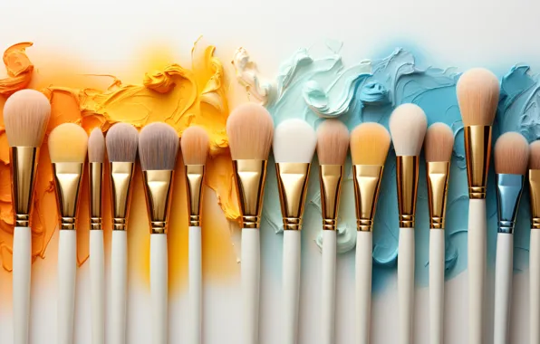 Paint, yellow, blue, white background, palette, brush, a lot, different