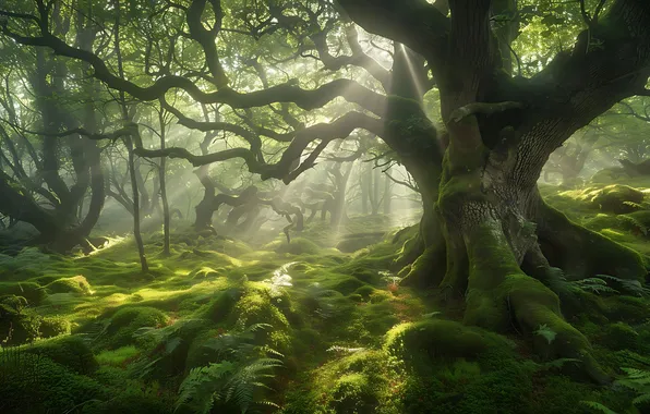 Greens, forest, the sun, rays, trees, branches, fog, tree