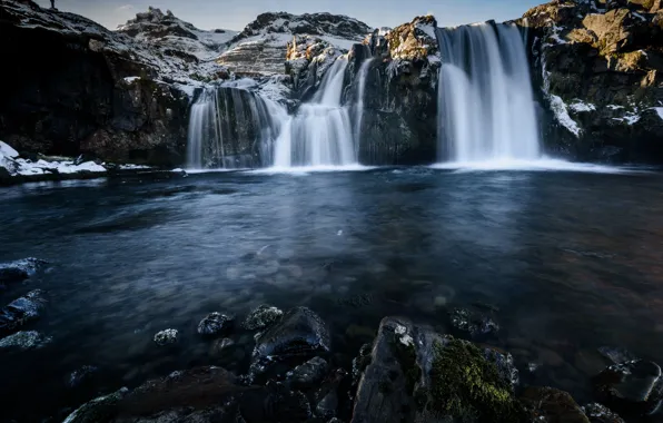 Winter, snow, mountains, rocks, waterfall, Iceland, pond