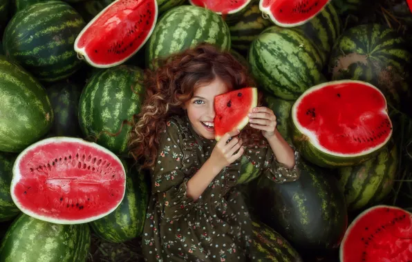 Smile, mood, slice, girl, curls, curls, watermelons, Lyubov Pyatovskaya