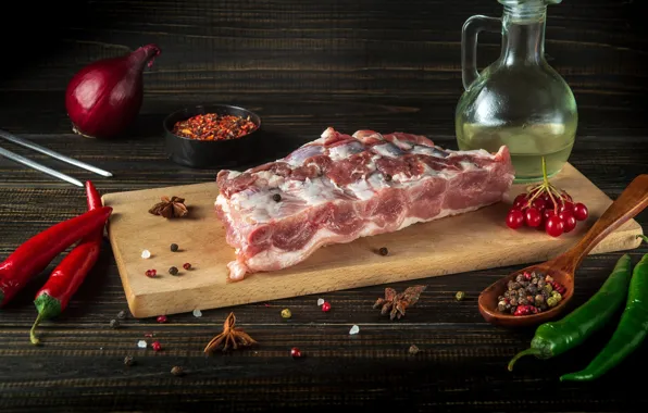 Board, oil, bow, spoon, meat, pepper, placer, spices