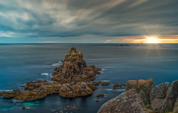 Sea, rocks, dawn, England, morning, Cornwall