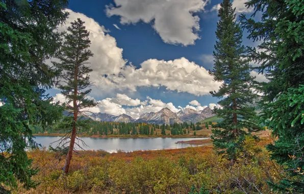 The sky, clouds, trees, landscape, mountains, forest, pond