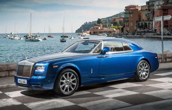 Picture the sky, water, blue, background, coupe, yachts, Rolls-Royce, Phantom