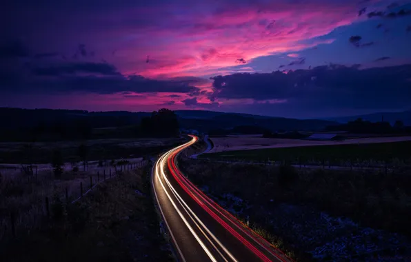 Picture road, the sky, clouds, sunset, clouds, movement, excerpt, Switzerland