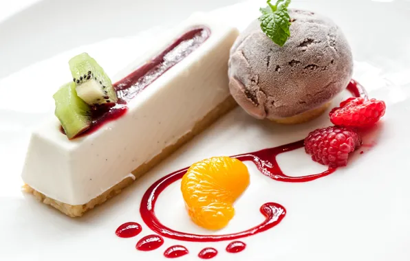 Raspberry, ice cream, cake, fruit, sweets, Mandarin, ice cream