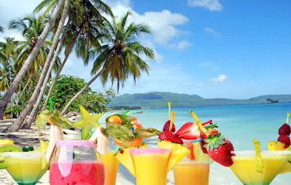 Summer, beach, fresh, sea, cocktails, fruit, drink, palms