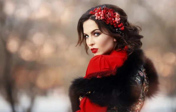 Picture look, girl, face, photo, makeup, fur, beauty, bokeh