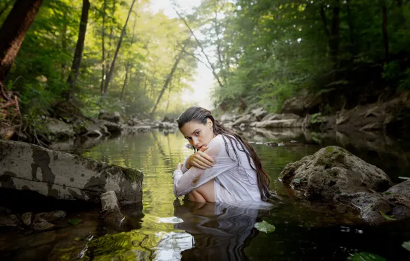 Picture forest, girl, nature, pose, river, stones, the situation, Andrey Vasilyev