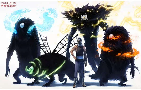 Water, fire, lightning, the air, monsters, elements, mask, naruto