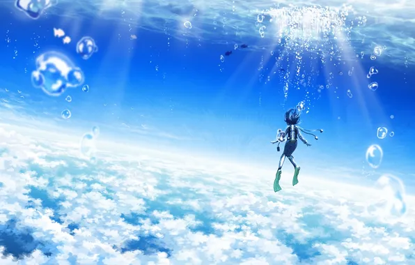 Bubbles, the ocean, anime, art, guy, under water, amemura