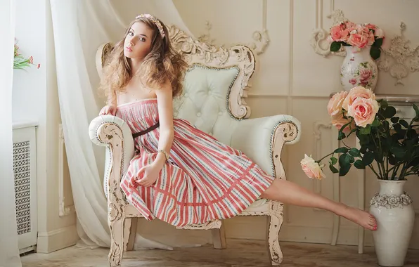 Roses, chair, dress, vase