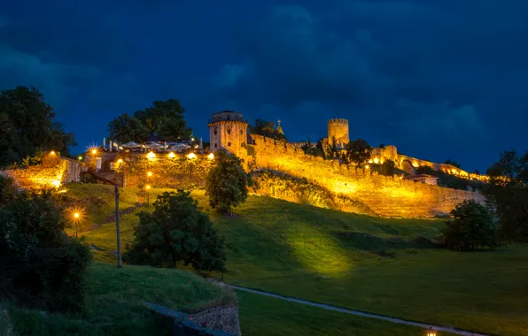 Greens, grass, trees, night, lights, wall, the descent, slope