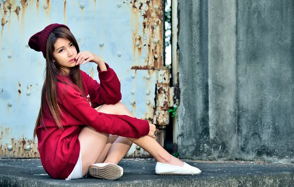 Picture girl, legs, Asian, sitting, cap, sweater