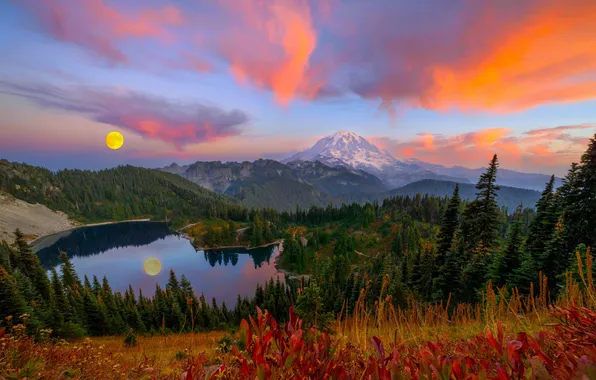 Sunset, Clouds, Mountains, Lake, The moon, Forest, Horizon, Moon