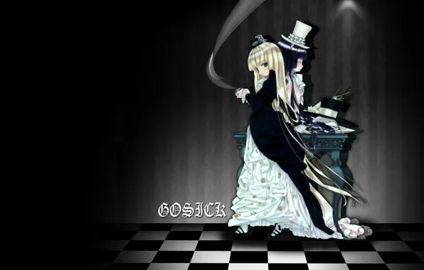 Table, two, long hair, cylinder, gosick, victorica de blois, chess square