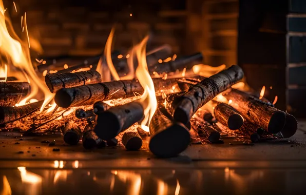 Comfort, reflection, heat, fire, flame, wood, fireplace, bricks