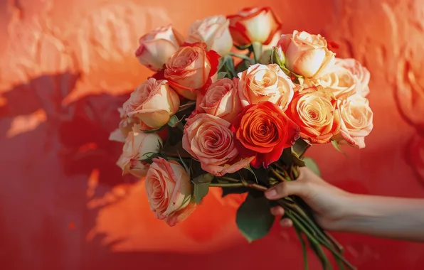 Light, flowers, holiday, hand, roses, bouquet, red, shadows
