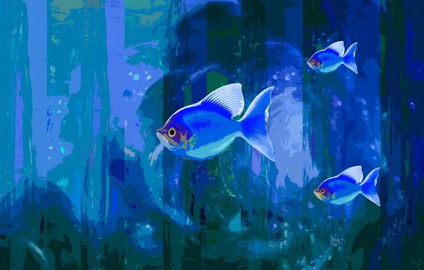 Water, fish, fish, painting, underwater world, trio, pond, blue