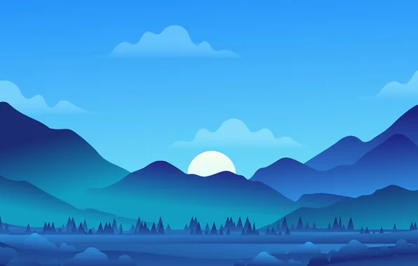 Cold, forest, the sky, landscape, mountains, blue, lake, the moon