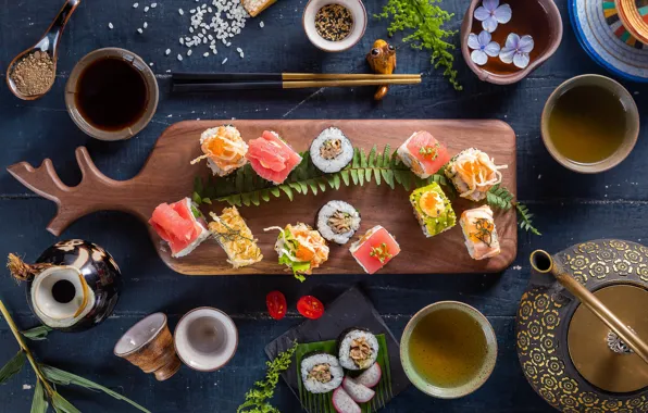 Tea, fish, sushi, spices, cuts