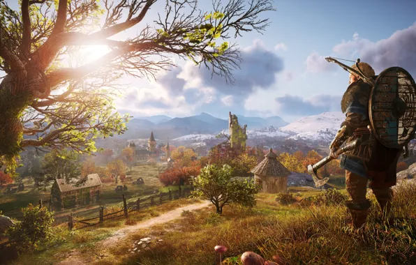 Tree, Warrior, Landscape, Viking, Shield, Assassin's Creed Valhalla