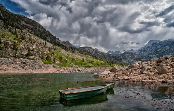 Mountains, stones, boat, CA, California, Lake Sabrina, Lake Sabrina
