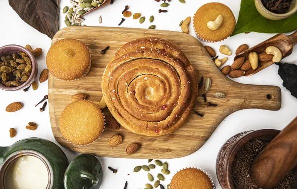 Table, cookies, roll, bun, cutting Board