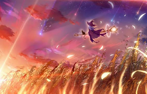 Wheat, cat, the sky, girl, sunset, fantasy, staff, witch