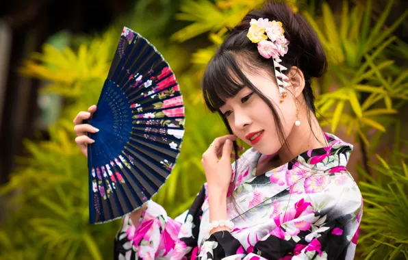 Picture girl, fan, kimono, Asian