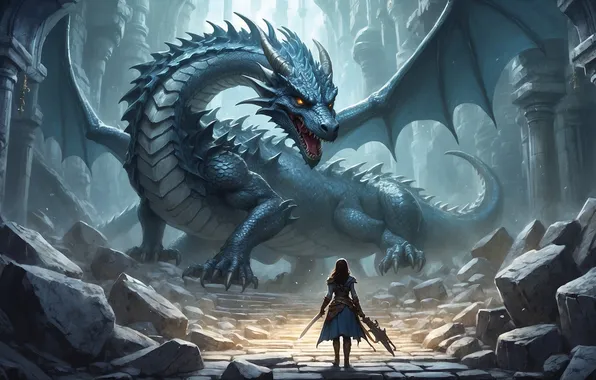 Girl, stones, dragon