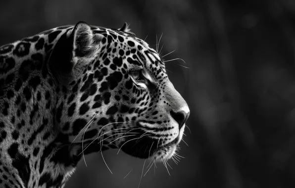 Look, Jaguar, Face, Predator, Side, Digital art, Black and white, Big cat