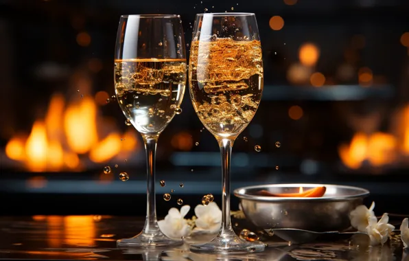 Fire, holiday, wine, glasses, Christmas, alcohol, New year, champagne