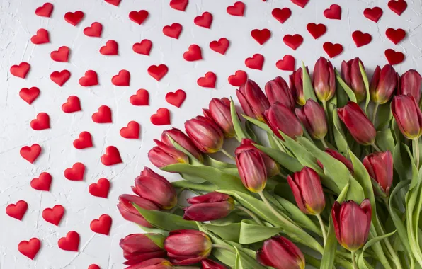 Love, bouquet, hearts, tulips, red, red, love, wood