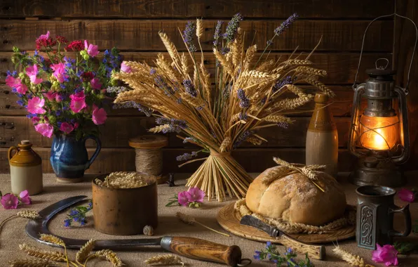 Picture wheat, flowers, spikelets, bread, mug, lantern, still life, hammer