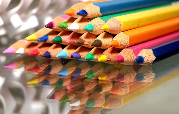 Macro, reflection, table, pencils, colorful, colored pencils, leads