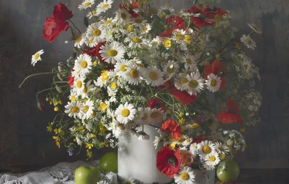 Flowers, apples, Maki, chamomile, bouquet, yellow, red, white