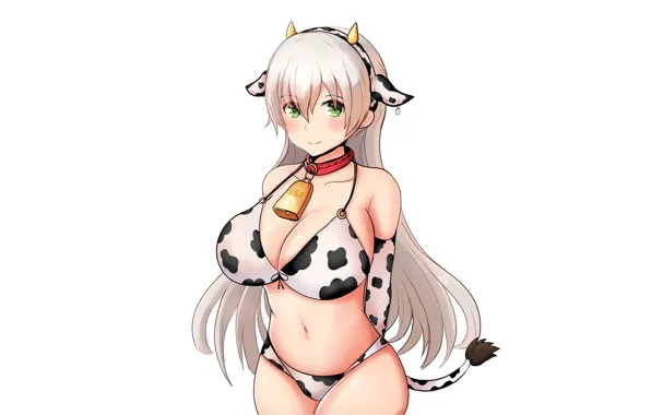 Girl, sexy, cleavage, horns, green eyes, long hair, boobs, animal ears