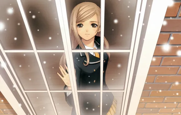 Picture winter, snow, anime, window. girl