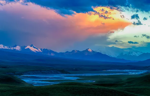 Clouds, mountains, river, valley, horizon, space, meadows, fantastic landscape