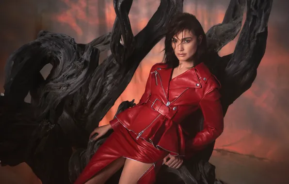 Picture look, girl, red, pose, photo, actress, jacket, beauty