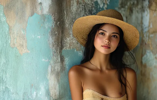 Chest, look, girl, wall, paint, portrait, hat, brunette