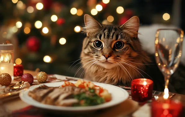 Cat, cat, look, balls, lights, pose, grey, glass
