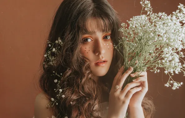 Look, flowers, face, hair, portrait, makeup, sequins