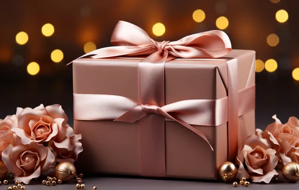 Balls, flowers, lights, box, gift, roses, Christmas, tape